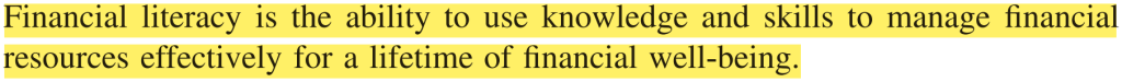 Highlighted quote, which reads, "Financial literacy is the ability to use knowledge and skills to manage financial resources effectively for a lifetime of financial well-being."