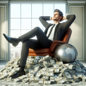 Young man dressed in business attire, reclining on an armchair, atop a pile of money