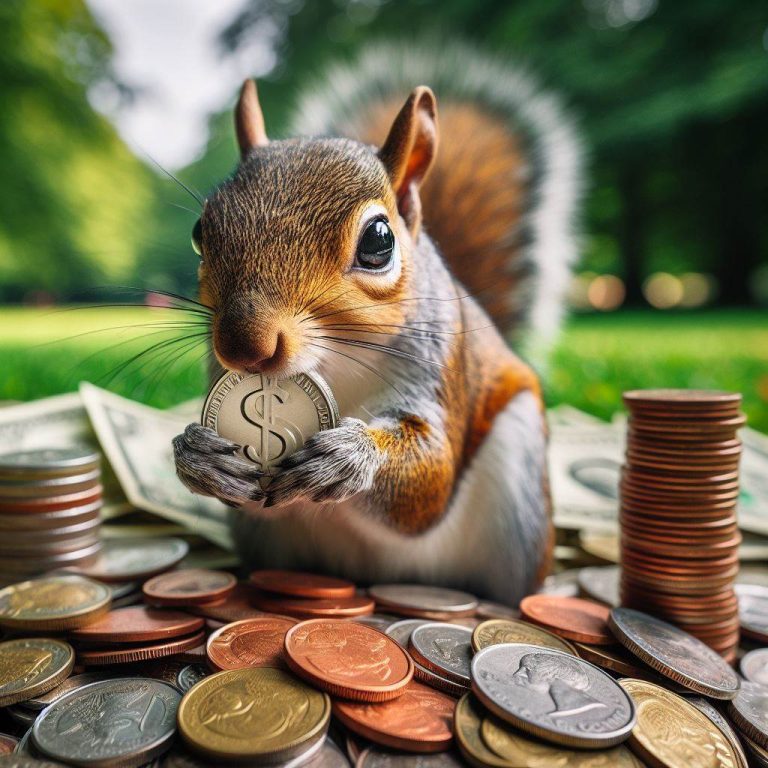 A squirrel hoarding cash instead of nuts